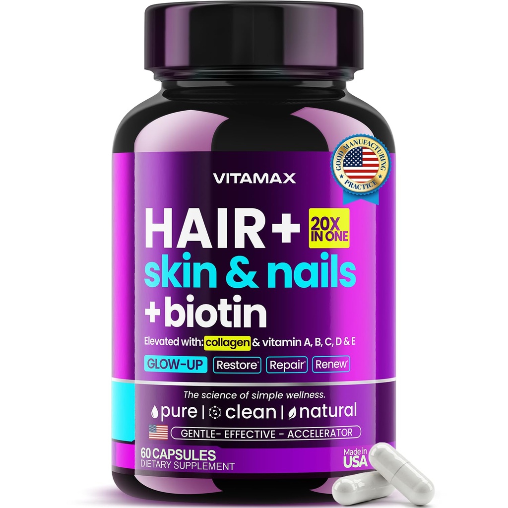 Biotin | Collagen | Keratin Booster with Hyaluronic Acid - Thicker Hair Growth, Healthy Skin & Stronger Nails Supplement – Extra Strength - Multi Vitamin B Complex - Women & Men - Made in USA - 60ct