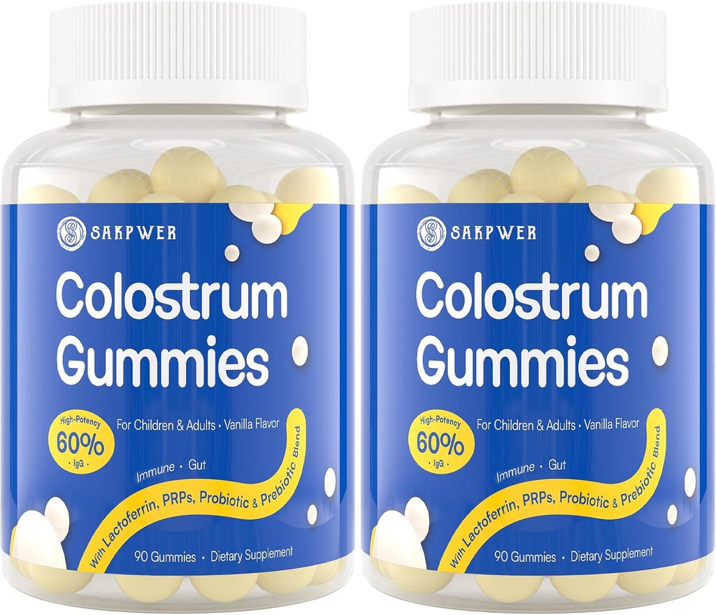 Gommies de supplément de colostrum bovine - avec 60% IgG le plus élevé, Lactoferrine, Probiotiques et Prébiotiques pour adultes et enfants, Vanilla Flavor & sans sucre, 2 Pack
