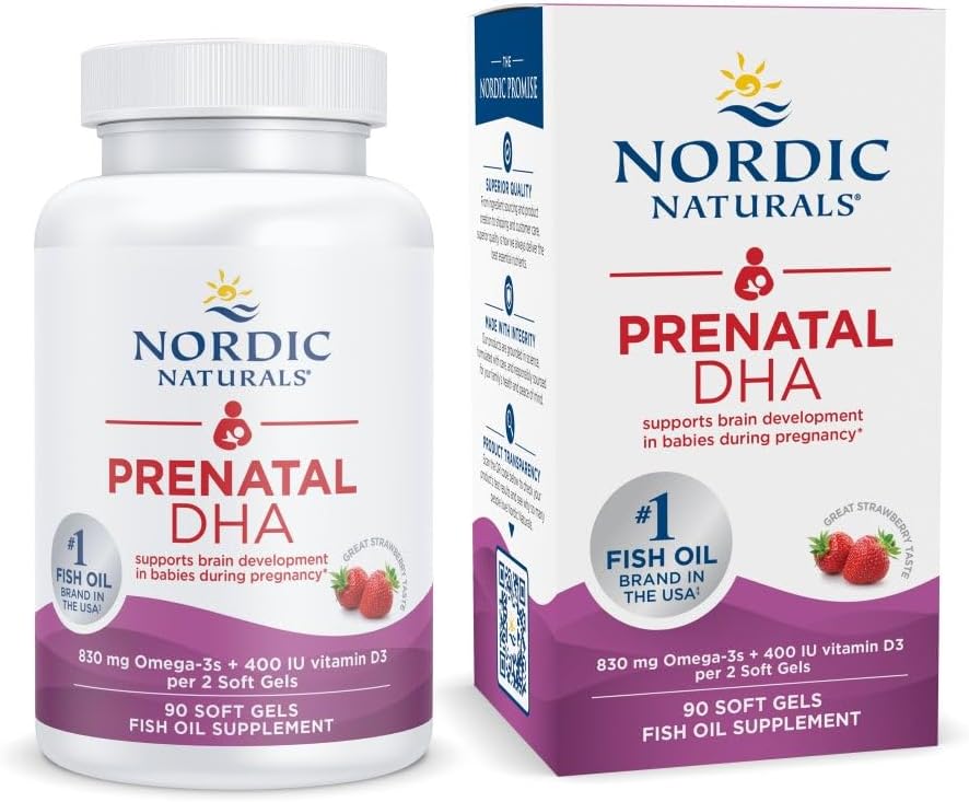 Nordic Naturals Prénatal DHA, fraise - 90 gels mous - 830 mg Oméga-3 + 400 UI Vitamine D3 - Non-OGM - 45 portions