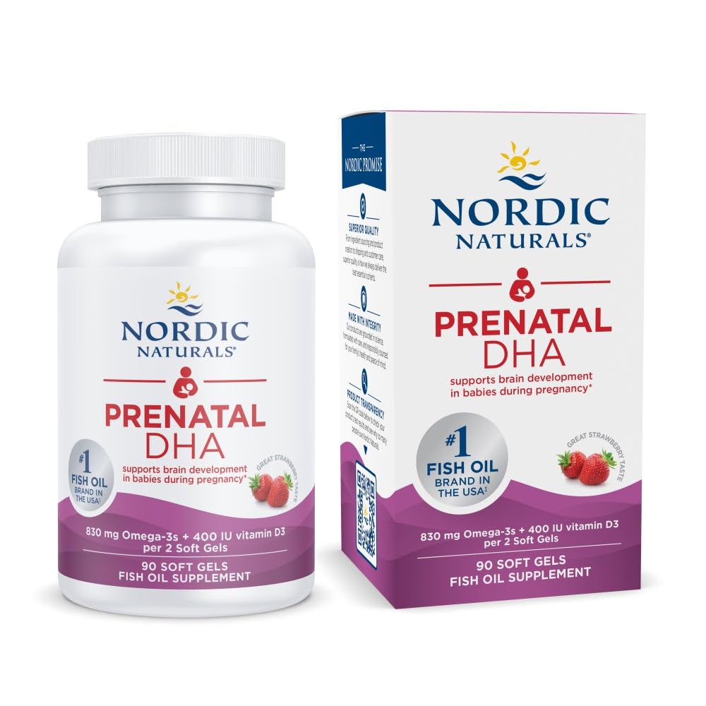 Nordic Naturals Prénatal DHA, fraise - 90 gels mous - 830 mg Oméga-3 + 400 UI Vitamine D3 - Non-OGM - 45 portions