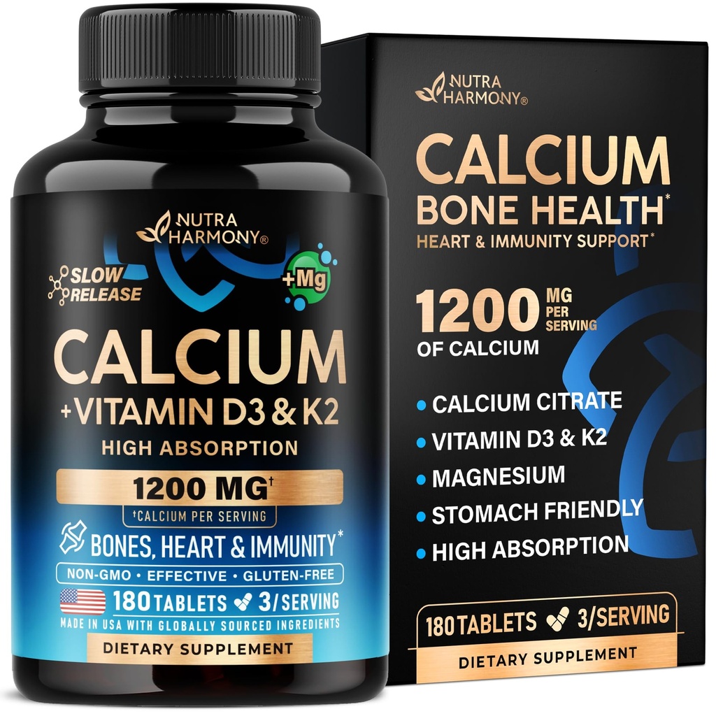Calcium 1200 mg avec vitamine D3 - Suppléments de citrate de calcium pour les femmes et les hommes - Santé osseuse, force et densité - Absorption élevée et libération lente - Laboratoire testé, fabriqué aux États-Unis - 180 comprimés, 60 jours d'approvisionnement