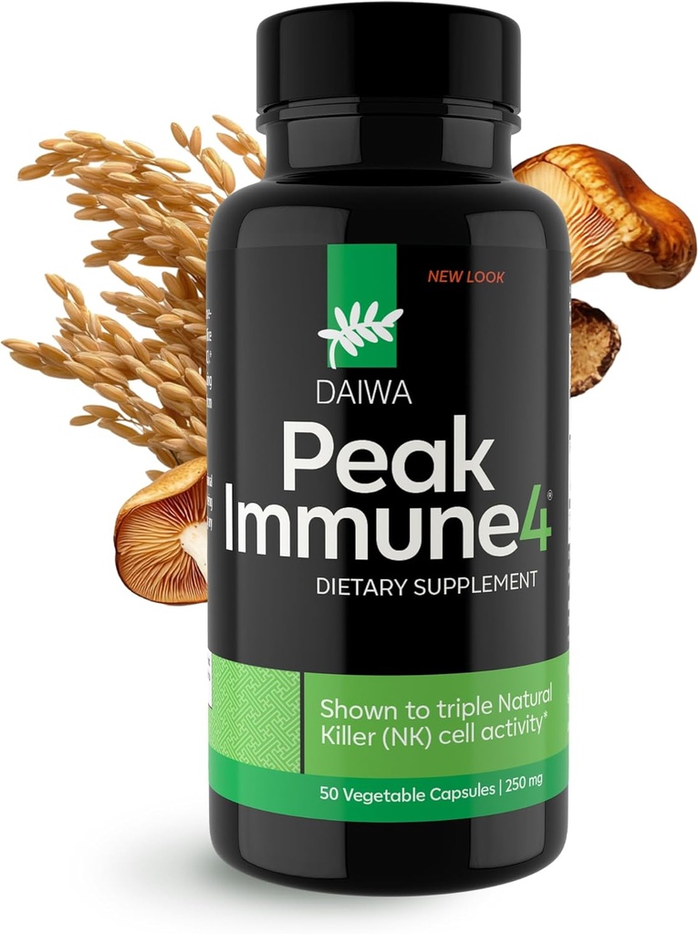 Daiwa PeakImmune4® – Supplément de soutien immunitaire pour adultes avec le composé de riz Bran Arabinoxylan (RBAC) et l'enzyme du champignon Shiitake – 50 capsules