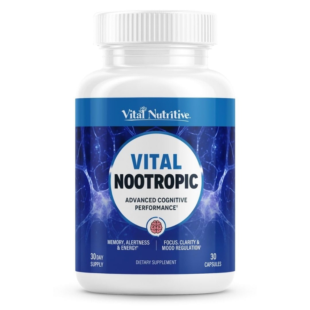 Vital Nootropic 12-in-1 Brain Supplement for Memory, Focus & Energy Support – L-Tyrosine, Bacopa, Rhodiola, Caffeine, B Vitamins – Cognitive Balance Capsules for Men & Women-30 Days Supply