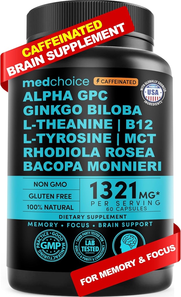 12-in-1 Nootropic Brain Supplement with Caffeine Anhydrous: Ginkgo Biloba for Brain Support, Memory and Focus - B12, Alpha GPC, L Theanine and Choline Supplements with Bioperine with 1321mg (60ct)