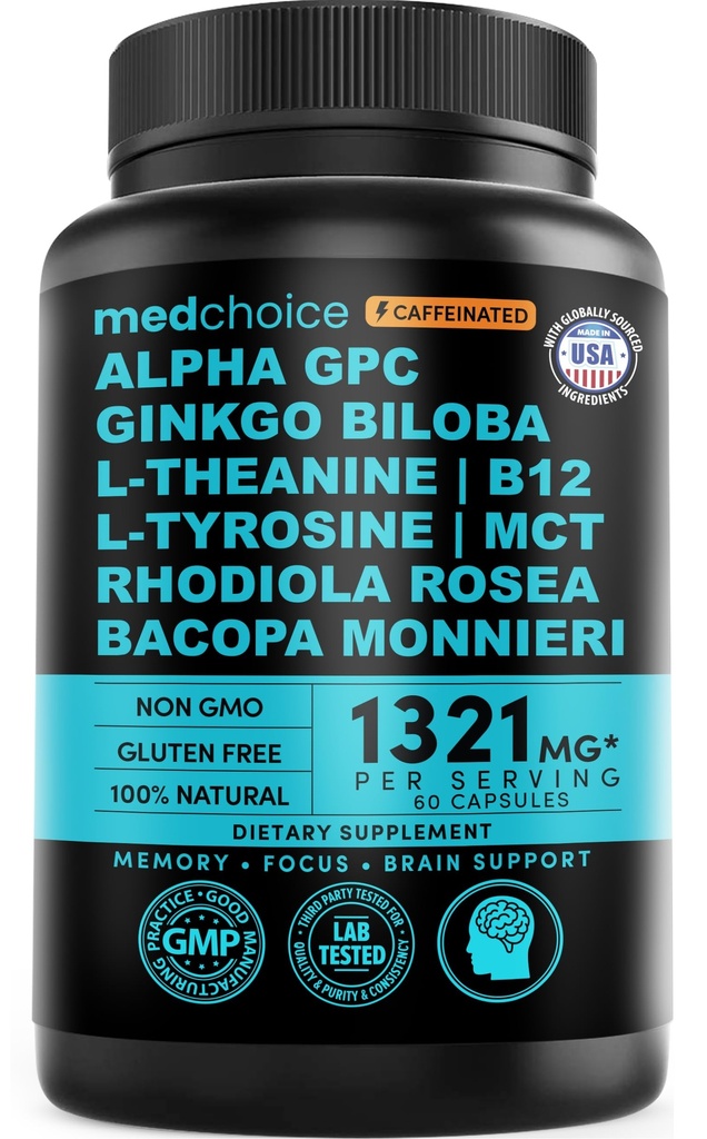 Supplément Cerveau Nootropique 12-en-1 avec Caféine Anhydre : Ginkgo Biloba pour le soutien du cerveau, la mémoire et le focus - B12, Alpha GPC, L Theanine et Suppléments Choline avec Bioperine avec 1321mg (60ct)