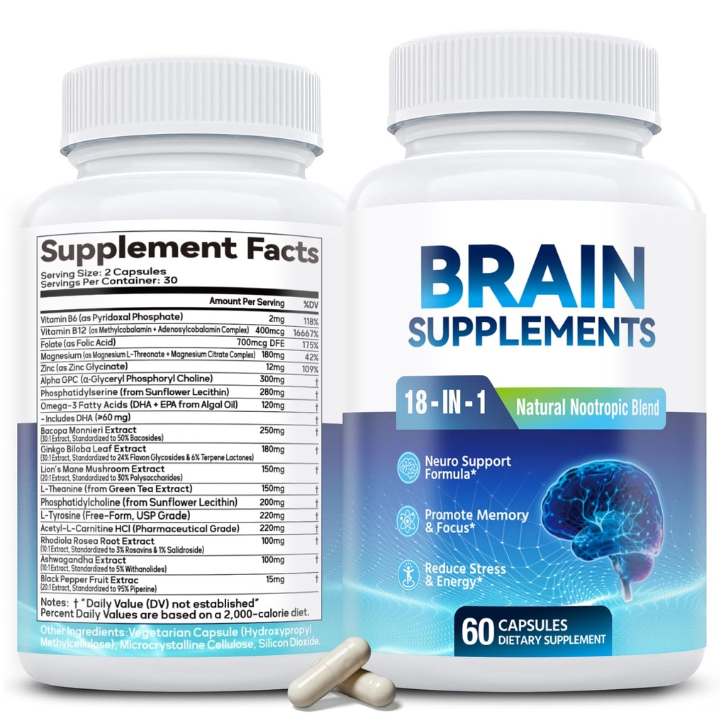 Supplément Cerveau 18-en-1 pour mémoire et focus – Capsules Nootropiques avec Alpha GPC, Bacopa, Ginkgo Biloba, Lion's Mane, Vitamine B6 & B12.