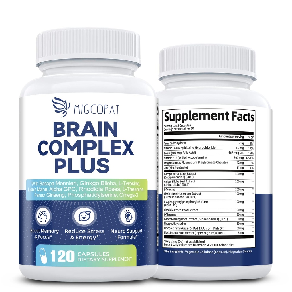 Brain Supplements for Memory and Focus | Nootropic with Bacopa Monnieri, Lion's Mane, Alpha GPC, Ginkgo Biloba | Mental Clarity & Cognitive Support | Vitamin B6 & B12 Neuro Health - Non-GMO, 120 Caps