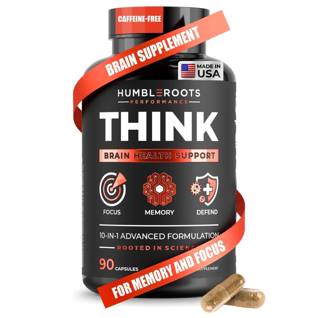 Supplément Cerveau tout naturel pour la mémoire et le focus - Soutien cognitif à long terme sans caféine - 10 ingrédients nootropiques incluant la Mane de Lion, Bacopa, Turmeric, Ginkgo & Huperzine A - 90 capsules