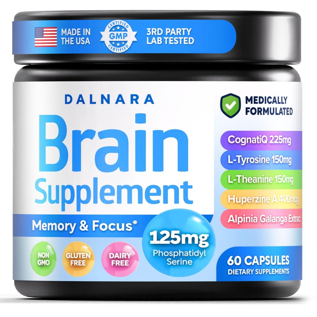 Suppléments Cerveau pour la mémoire et la focalisation pour les hommes et les femmes - Nootropic avec Alpinia Galanga, CognatiQ, Phosphatidylsérine, L-Theanine, L-Tyrosine - Pinces mémoire booster Cerveau Santé - 60 Capsules