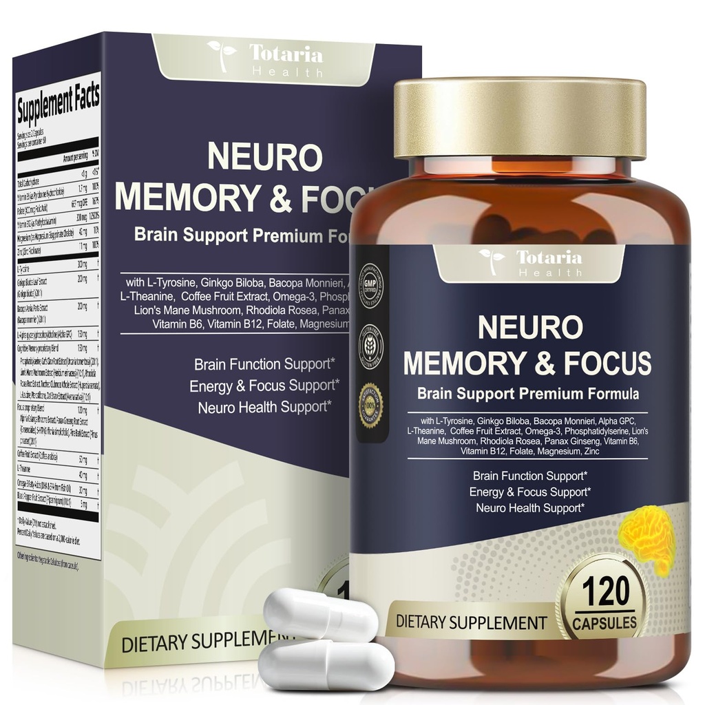Suppléments cognitifs du cerveau de 25 en 1 pour la mémoire et le focus et la neurosanté - Supplément cognitif du cerveau nootrope quotidien avec L-Tyrosine, Bacopa Monnieri, Ginkgo Biloba, Alpha GPC - Non-OGM, sans gluten