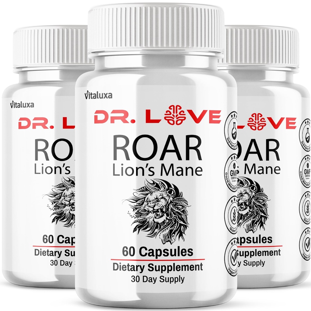 (3 Pack) Dr. Love Roar Lions Mane Supplement Capsules, Dr.Love Roar Lion’s Mane Plus Pills Brain and Focus Premium Advanced Official Formula, Doctor Love All Natural Support Pills, USA (180 Capsules)