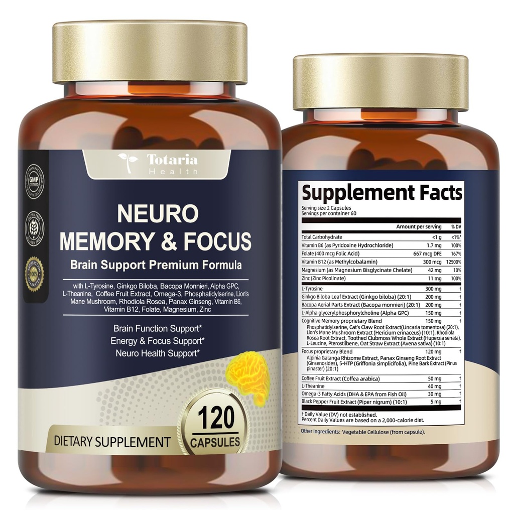 Totaria Cerveau Suppléments pour mémoire et focus, Santé du cerveau avec L-Tyrosine, Alpha GPC, Ginkgo Biloba, Bacopa Monnieri, Soutien cognitif nootropique - Non-OGM, Sans gluten (120 comtes)
