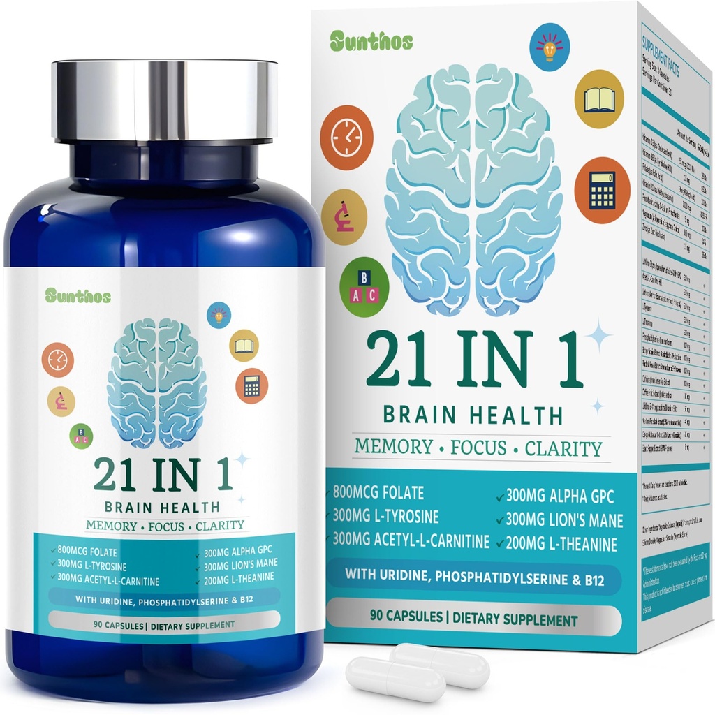 Suppléments Cerveau pour mémoire et focus, Supplément Cerveau 21-en-1 pour alerte mentale, Cognitif avec 300mg Alpha-GPC, 300mg Lion, L-Theanine, Phosphatidylsérine, Vitamines B6 B12, 90 Capsules