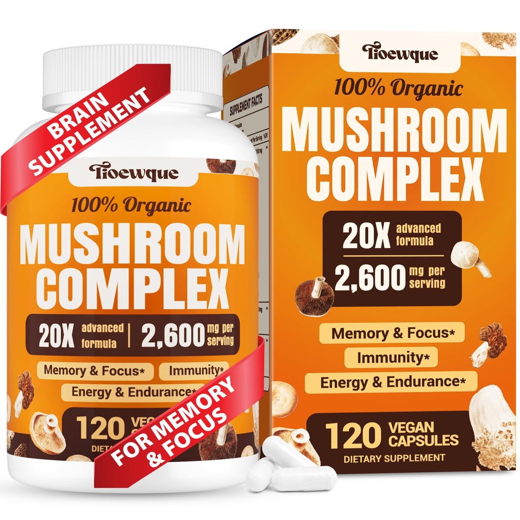 Suppléments Cerveau pour Mémoire et Focus, Supplément Champignon, 20 en 1 Complexe Champignon avec Lions Mane, Reishi, Turkey Tail, Cordyceps, Shiitake, pour Focus, Brian, Supplément Mémoire, 120 Capsules