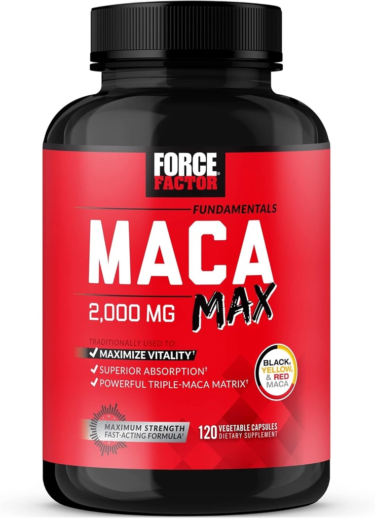 Facteur de force Maca Max, Capsules racine de Maca pour maximiser la vitalité et la performance, Fabriqué avec la Maca noire, la Maca rouge et la poudre de Maca jaune, poudre de racine de Maca, 2000mg, 120 Capsules
