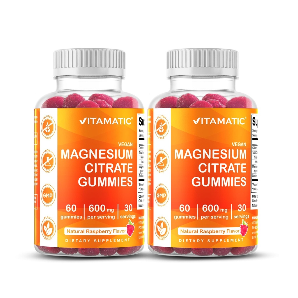 Citrate de magnésium vitamatique 600mg par portion - 60 Compte - favorise la détente saine, les muscles, les os et le soutien énergétique (paquet de 2)