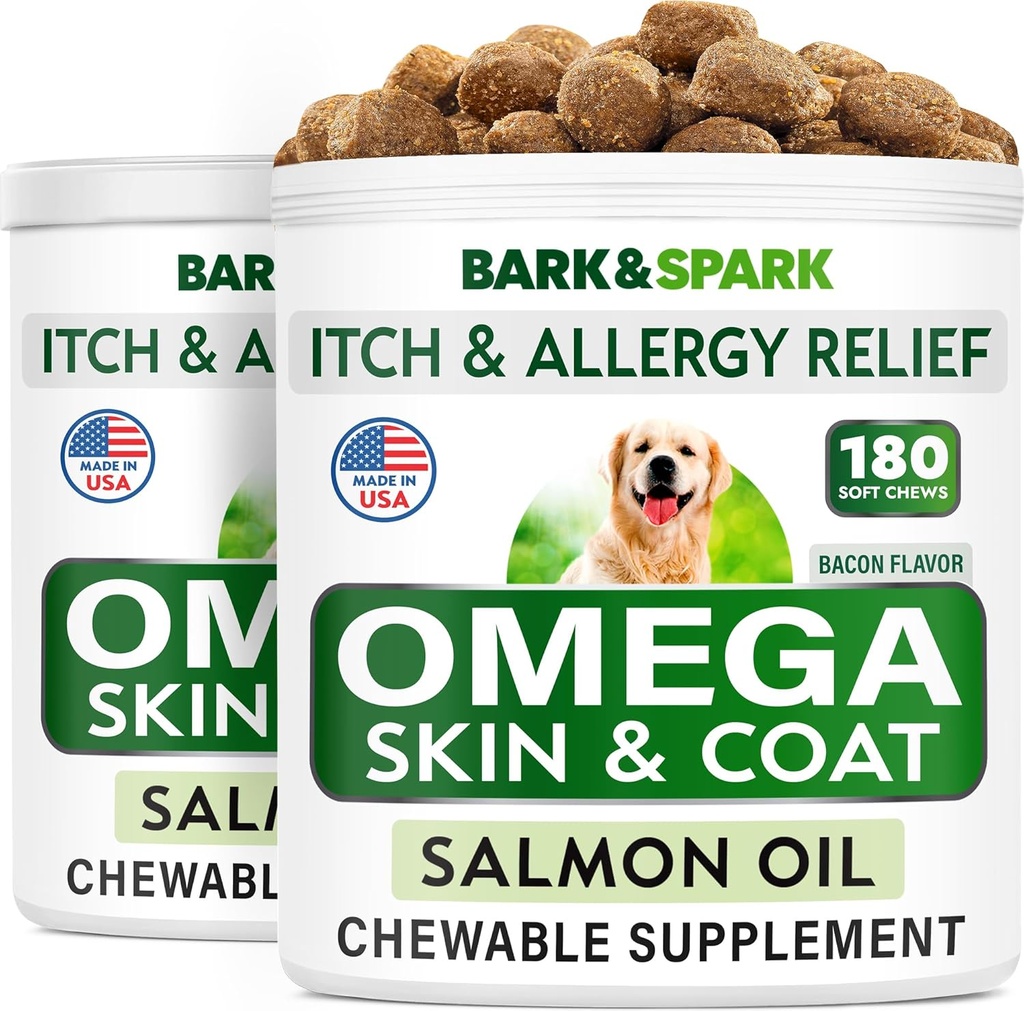 BARK&SPARK Omega 3 pour les chiens - 360 traitements à l'huile de poisson pour l'échouement des chiens, l'allergie cutanée, le soulagement des démangeaisons, le traitement des taches chaudes - Santé articulaire - Supplément de peau et de manteau - ADP et ADH Acides gras - Huile de saumon - Bacon