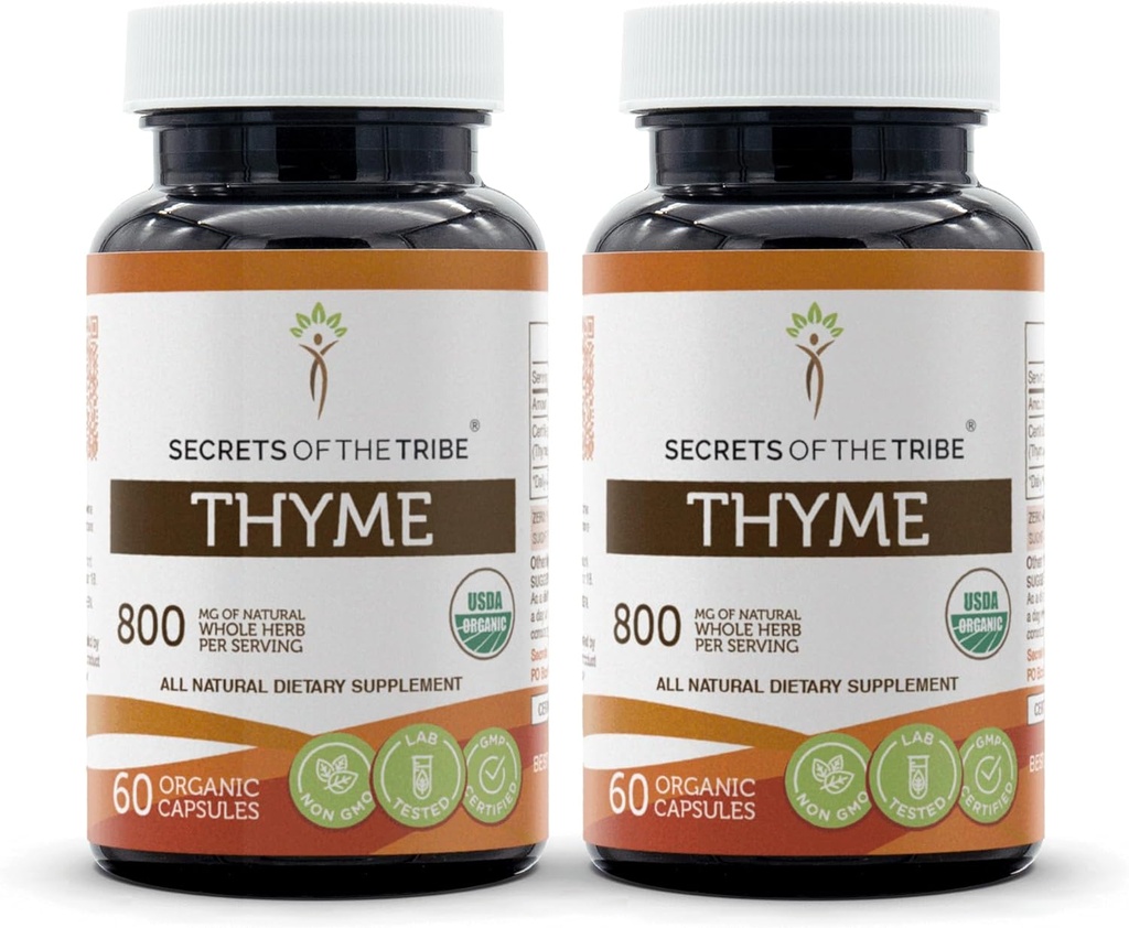 Secrets des capsules Tribe Thyme 2x60, faites avec des capsules végétales et de l'effet Toni Thymus Vulgaris biologique de l'USDA (2x60 capsules)