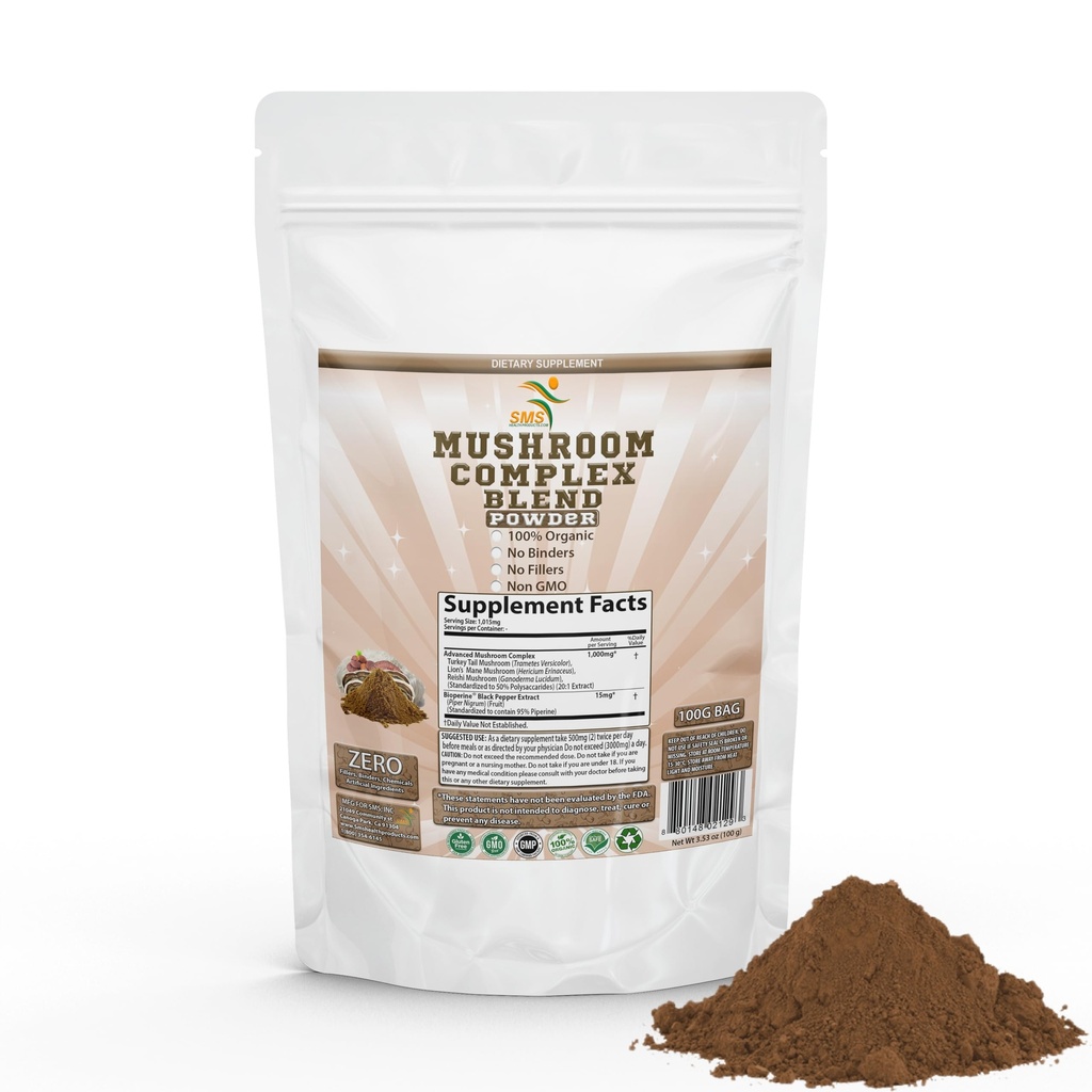 Mushroom Complex Blend Supplement 50% Polysaccharides Powder - Lion's Mane, Reishi Ganoderma, Turkey Tail, Complex - for Immune Support - 100g Powder