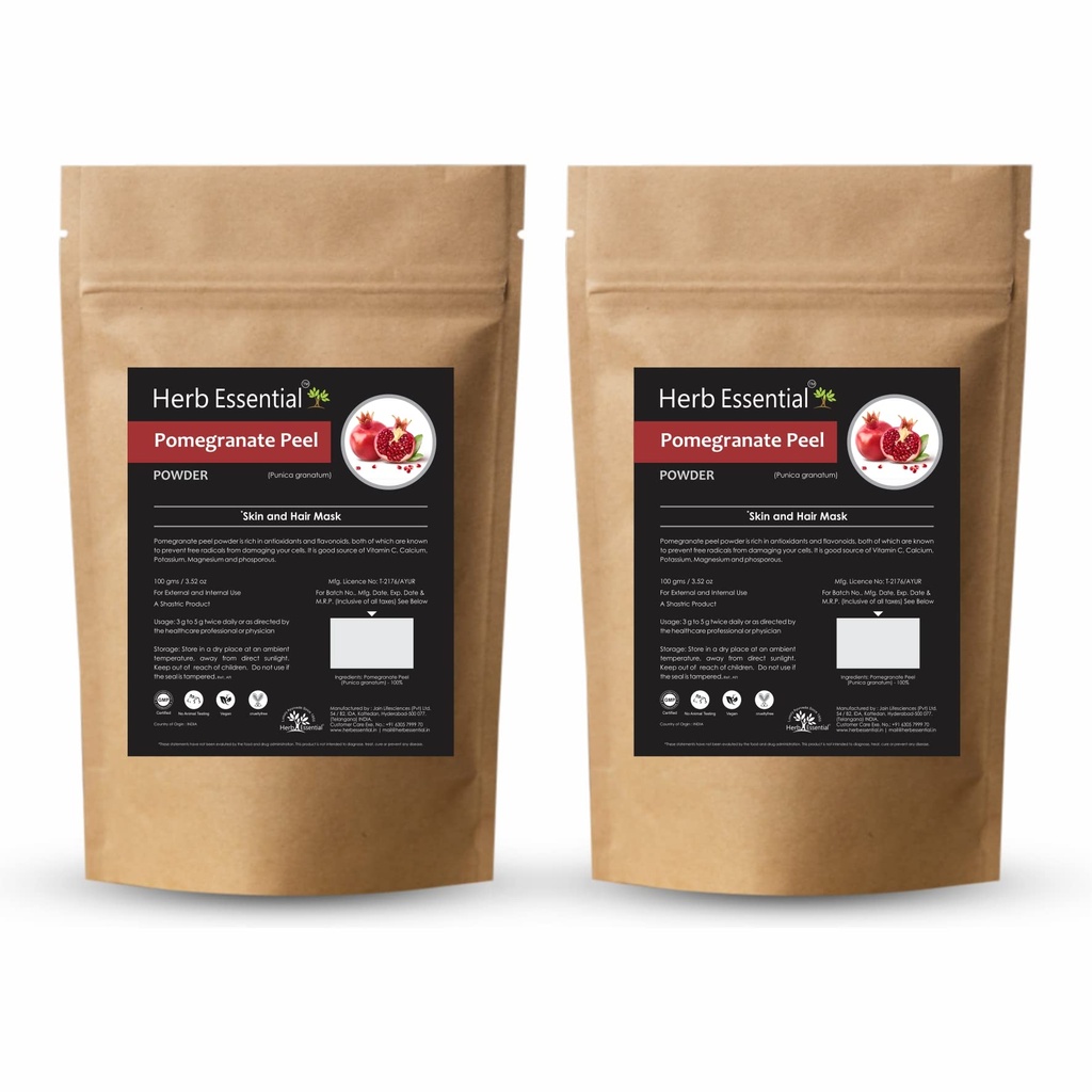 Herb Essential Pomegranate Peel Powder 7.05 Ounce, 100% Pure & Natural Pomegranate Powder for Herbal Tea & Skin Care, Additive-Free Supplement, Resealable Pack- 100g (Pack of 2)