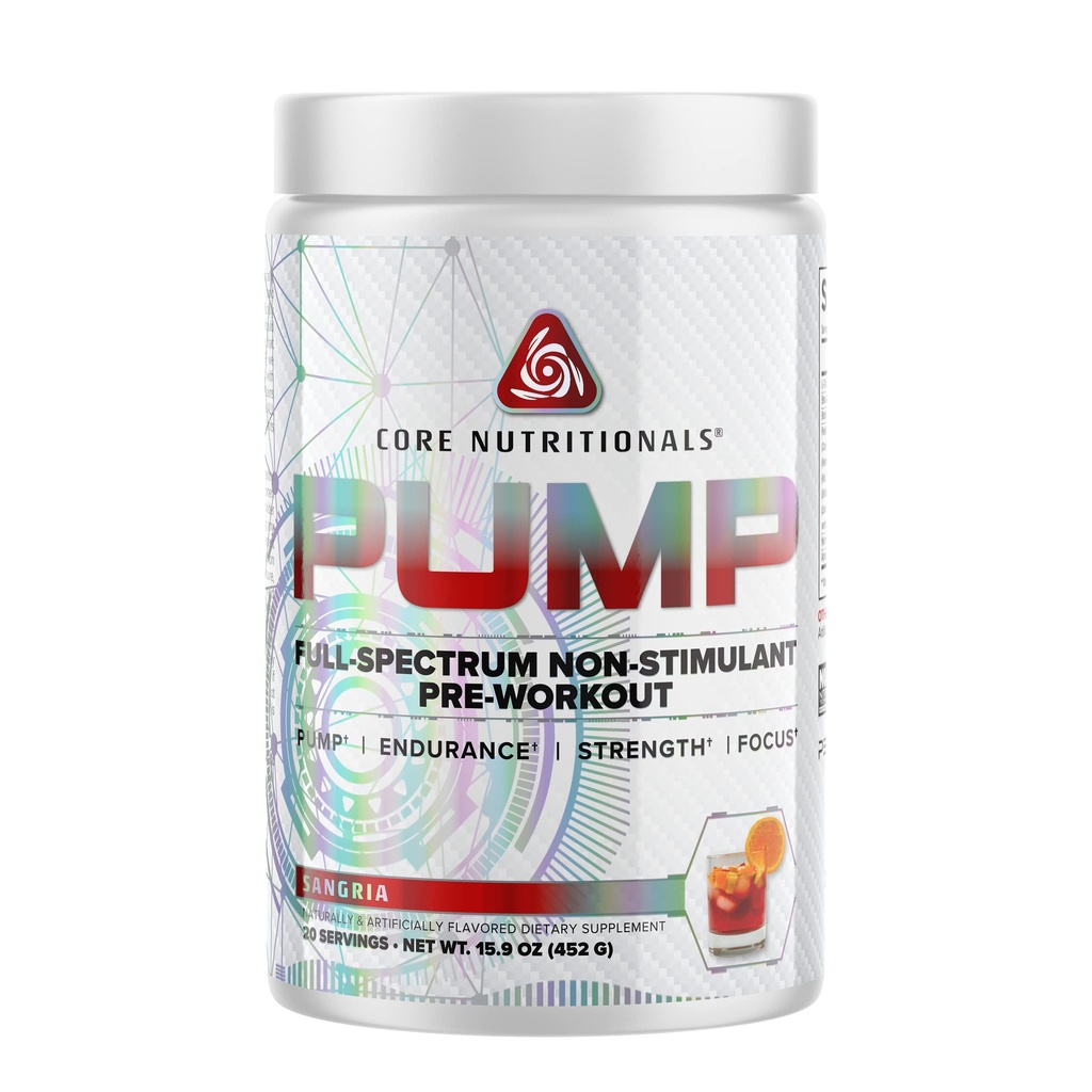 Pré-entraînement de la pompe de nutrition de base sans stimulant, avec N03T Nitrate, Peak02, Alpha GPC, pour la pompe maximale, la force et la performance 20 portions (Sangria)