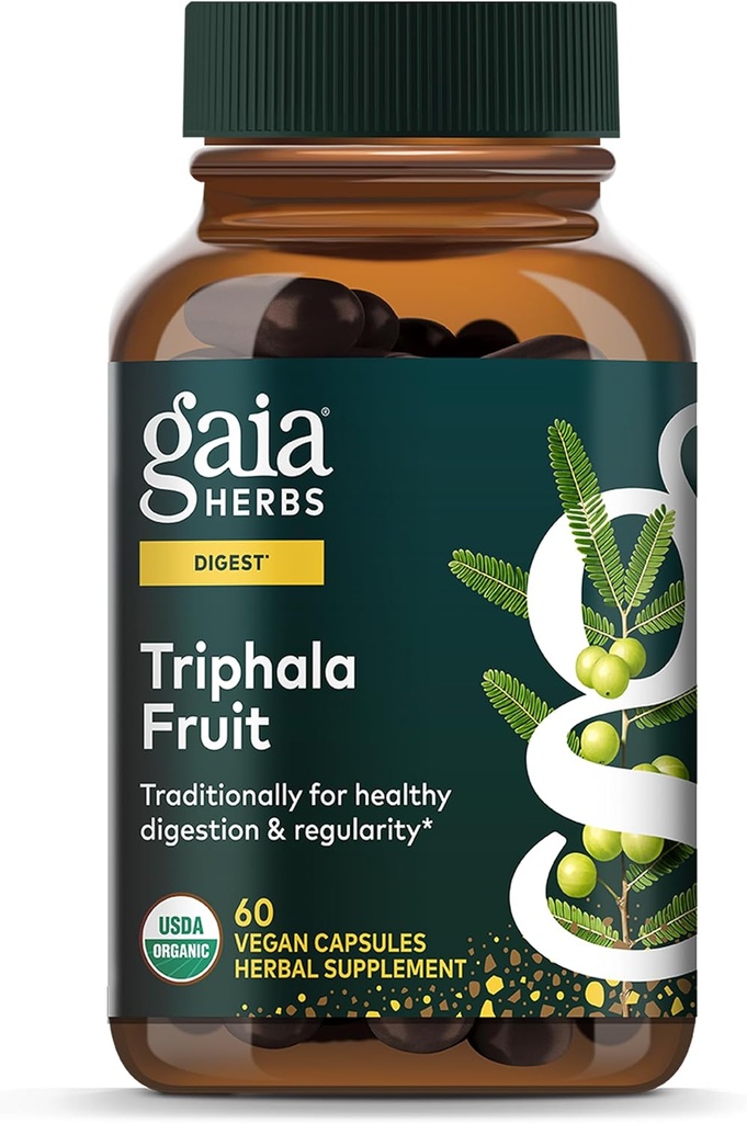 Gaia Herbs Triphala Fruit - Soutient la santé digestive - Nettoie doucement votre système* - avec Amla Fruit, Myrobalan Belleric et Myrobalan Chebulic - 60 Capsules Vegan (30 jours d'approvisionnement)