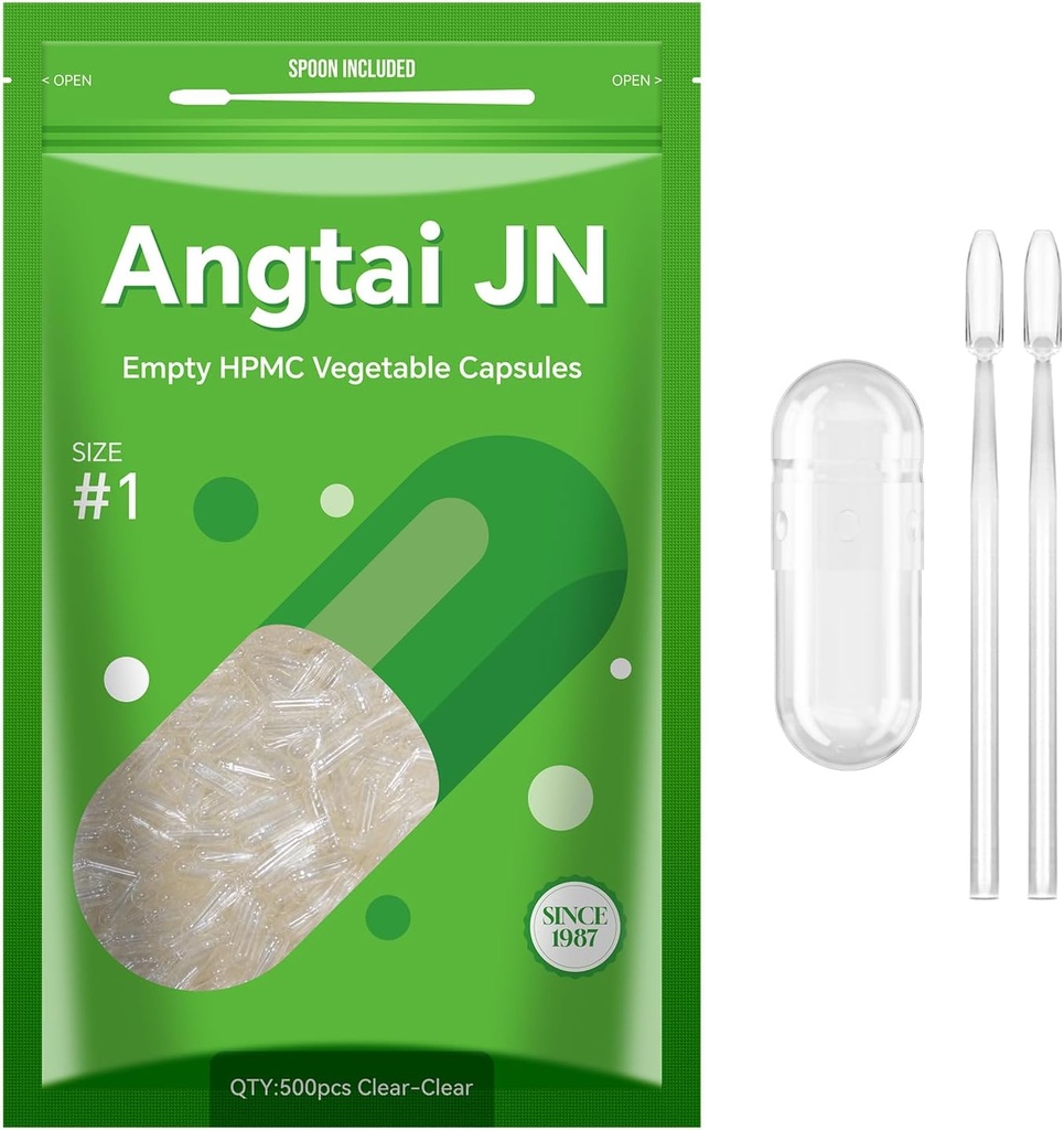 Size 1 Empty Capsules Vegan Plant Based Clear (500 Count) Gluten Free, Non-GMO, Halal Certified Pill Caps Filling Kit with 2 Spoons for Vegetarian DIY Your Own Supplements