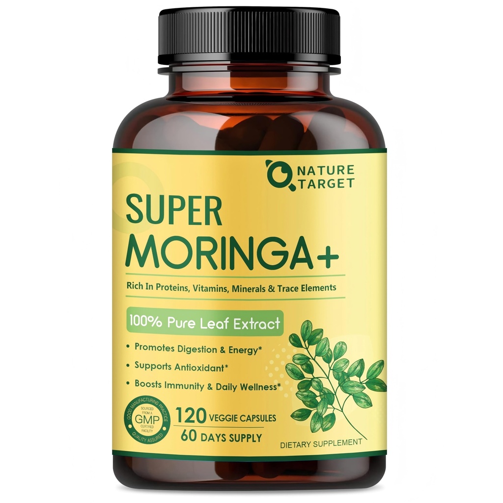 NATURE TARGET Moringa Capsules - 1000mg Pure Moringa Oleifera Leaf Supplement for Energy, Immune Support - Non-GMO, Vegan, Caffeine-Free - 120 Counts (60-Day Supply)