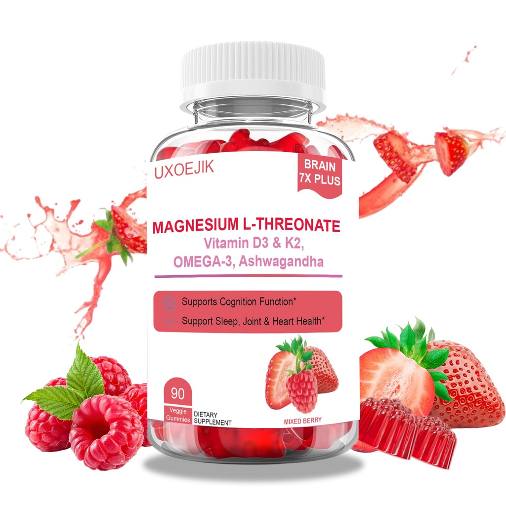 Magnesium L-Threonate Gummies - with Vitamin D, K2 & Omega-3 Fish Oil - Brain Health, Memory and Sleep Support - Non-GMO, Natural Berry Flavor, 90 Count (90)
