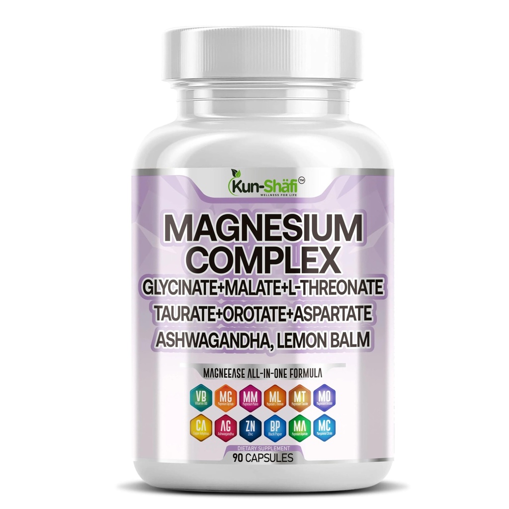 Magnesium Complex with Magnesium Glycinate Malate, L-Threonate, Taurate, Orotate, Zinc,Aspartate, Copper Manganese & Vitamin D3 B6 Complex - 1Pack