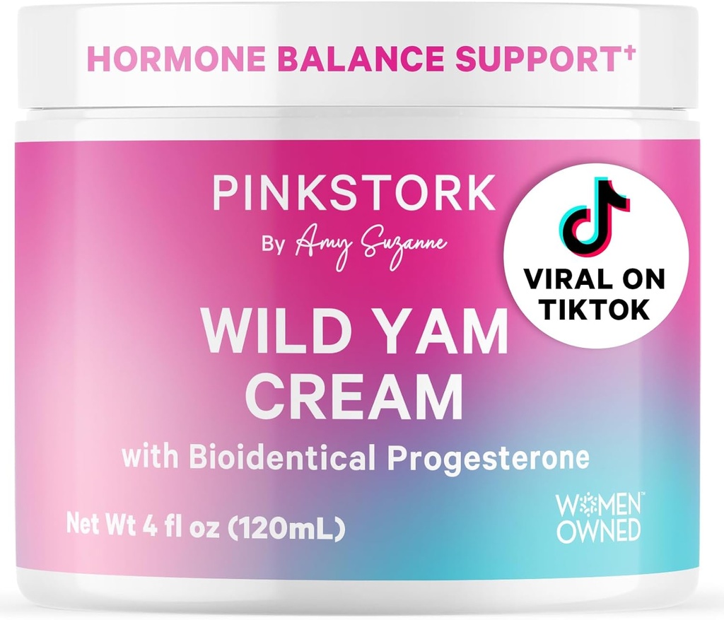 Pink Stork Wild Yam Cream - Balance naturelle des hormones pour les femmes - PMS, Fertilité, Periménopause, Ménopause - Crème bioidentique - Sans parfum, 4 oz