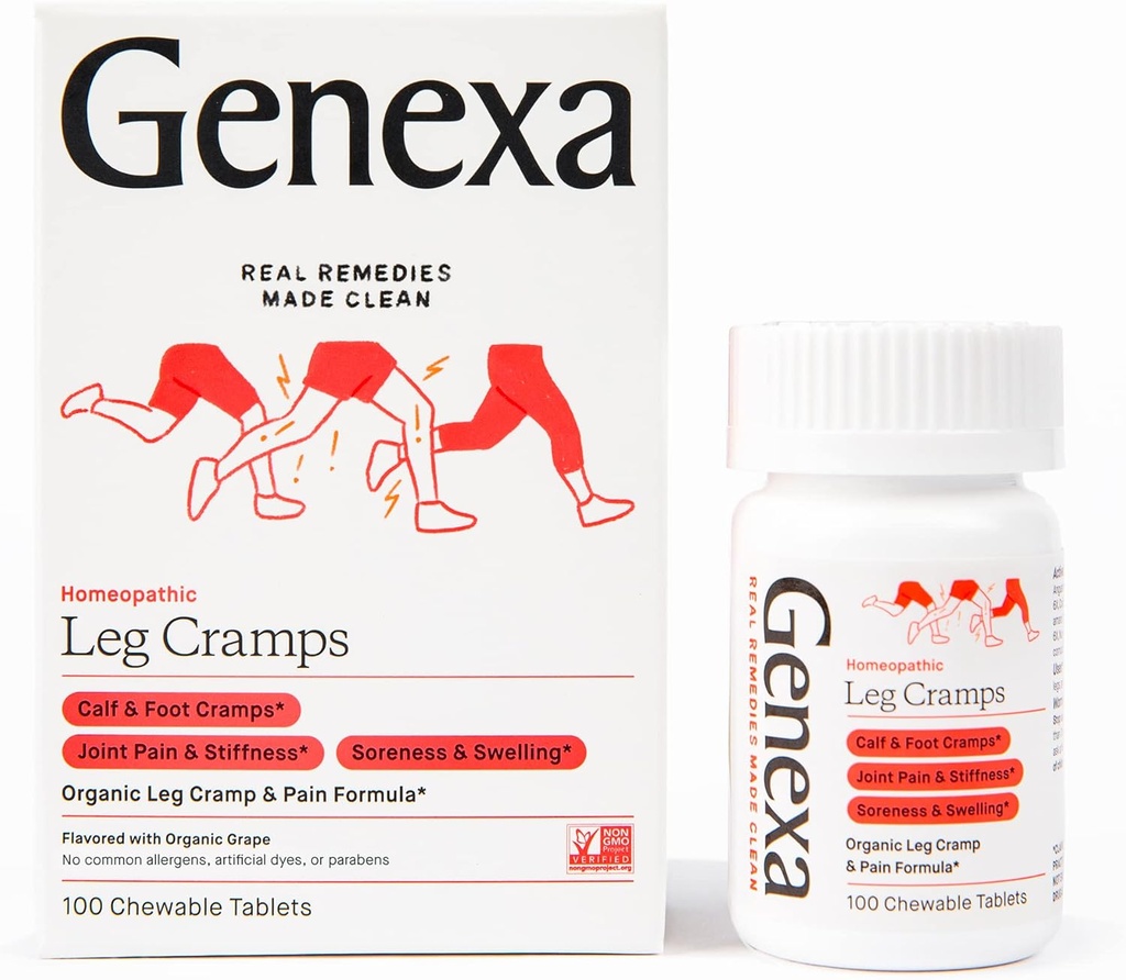 Genexa Leg Crampes Relief -Défense du pied, Douleurs articulaires et Stiffness, Douleurs et Gonflement , Apaisante Alaveur de raisin biologique , Vegan & Non-GMO , Remède homéopathique fait propre , 100 comprimés à croquer