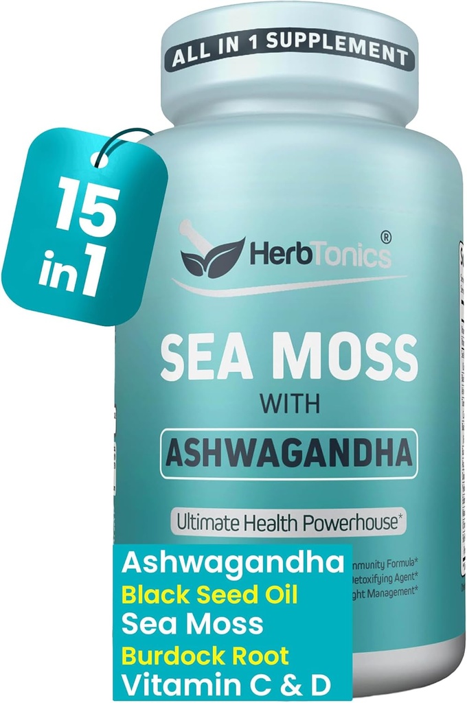 Herbtonics Sea Moss, Black Seed Oil, Ashwagandha, Burdock Root & ACV Complex (en anglais seulement) Boost Immunity, Reduce Stress, Support Digestion (en anglais seulement) Capsules tout-en-un SeaMoss (en anglais seulement)