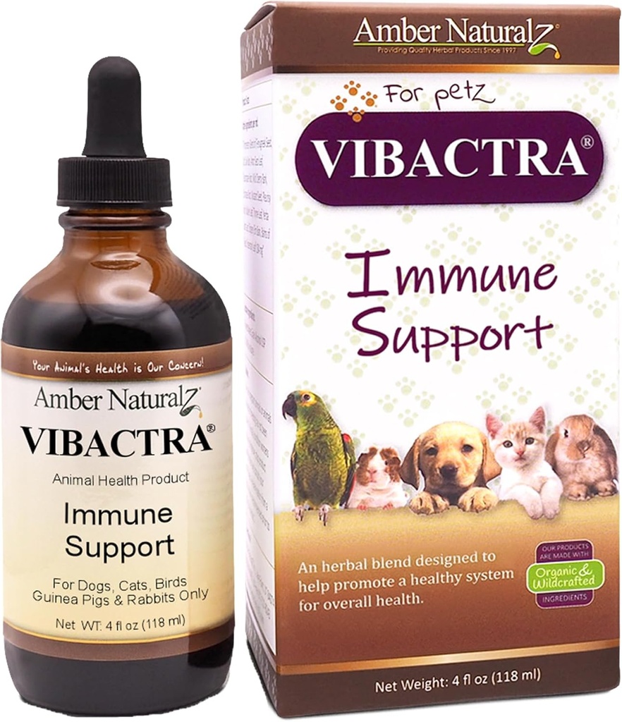 Amber NaturalZ Vibractra Immune Support complément à base de plantes pour chiens, chats, oiseaux, cochons de Guinée et lapins
