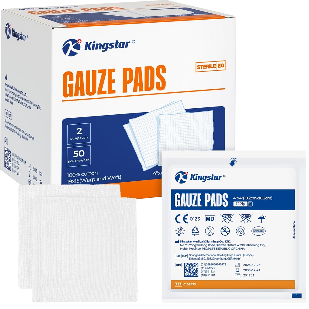 100Pcs Sterile Gauze Pads 4x4 Inch 12-Ply, 100% Cotton 4x4 Gauze Pads Highly Absorbent Gauze Sponges for Wound Care, Hospital-Grade Sterile Gauze First Aid & Surgical Dressing