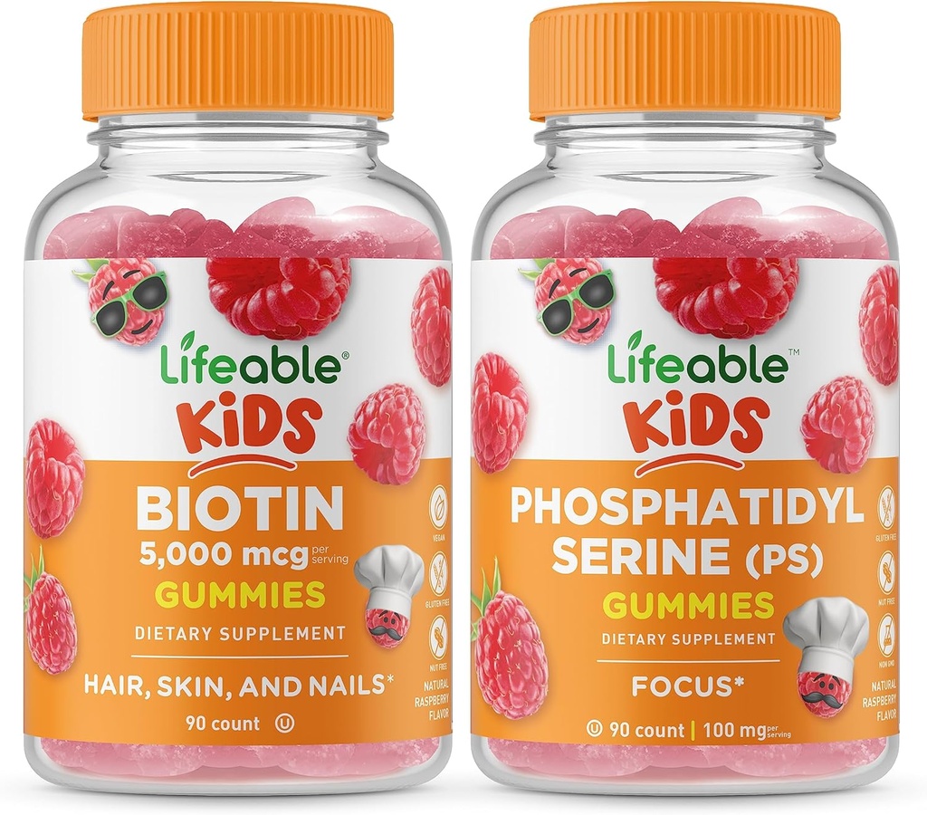 Biotine Lifeable Kids + Phosphatidylsérine (PS) Kids, Gummies Bundle - Grande dégustation, supplément de vitamine, sans gluten, sans OGM, gummy à croquer