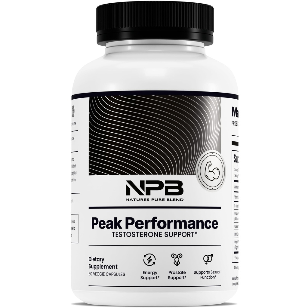 Nature's Pure Blend Peak Performance – Supplément de testostérone pour les hommes avec l'acide D-Aspartique, Ashwagandha & DIM – Soutien de la santé prostate masculine, force musculaire et énergie – Supplément de la prostate