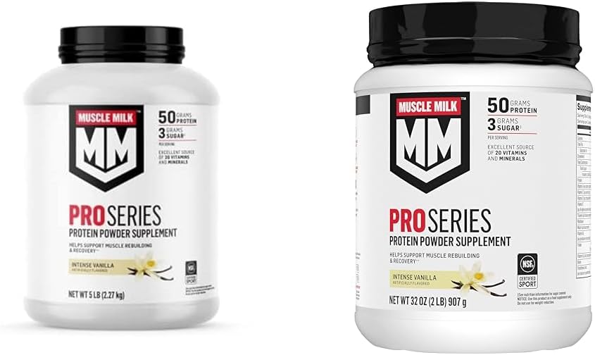 Supplément de poudre de protéines Muscle Milk Pro Series, Vanille intense, 5 livres 28 portions et 2 livres 11 portions, 50 g de protéines, 20 vitamines et minéraux