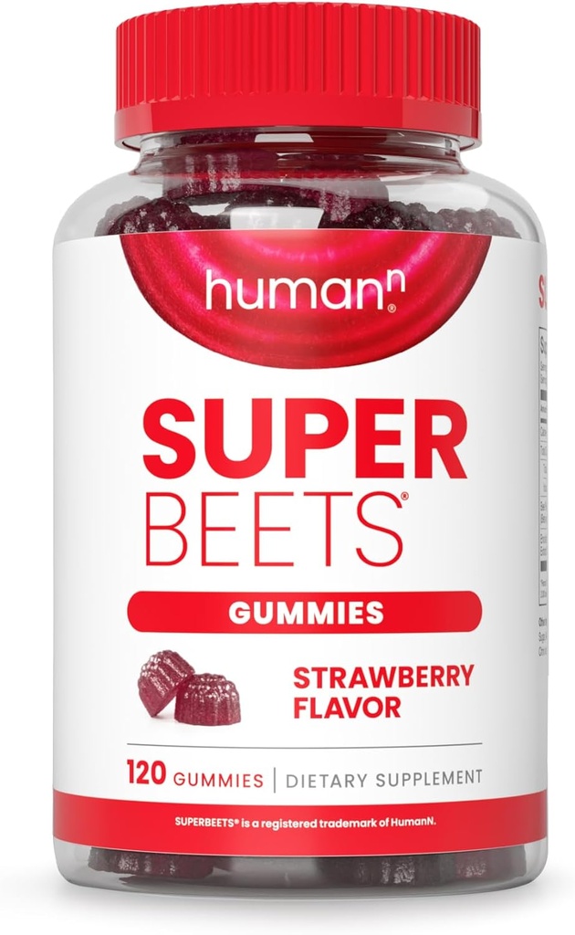 Gummies de coeur de fraise HumanN SuperBeets - Extrait de betterave et de graines de raisin, 120 Nombre