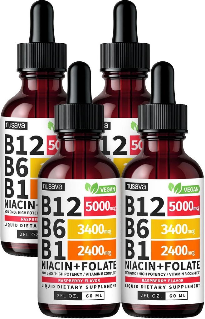 (4 packs) Vitamine B12 et B6 Liquid Drops, B12 Complexe Sublingual Vitamine B - B 12 Vitamine 5000mcg - B12 Méthylcobalamine pour l'énergie, le cerveau et le coeur avec 27 200 mcg, framboise, 80 portions