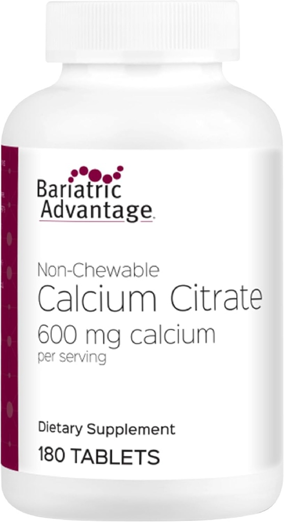 Avantage bariatrique Citrate de calcium non chucable - pour les patients de chirurgie bariatrique - 600 mg de calcium par portion de vitamine D3 - Suppléments minéraux - 180 comprimés