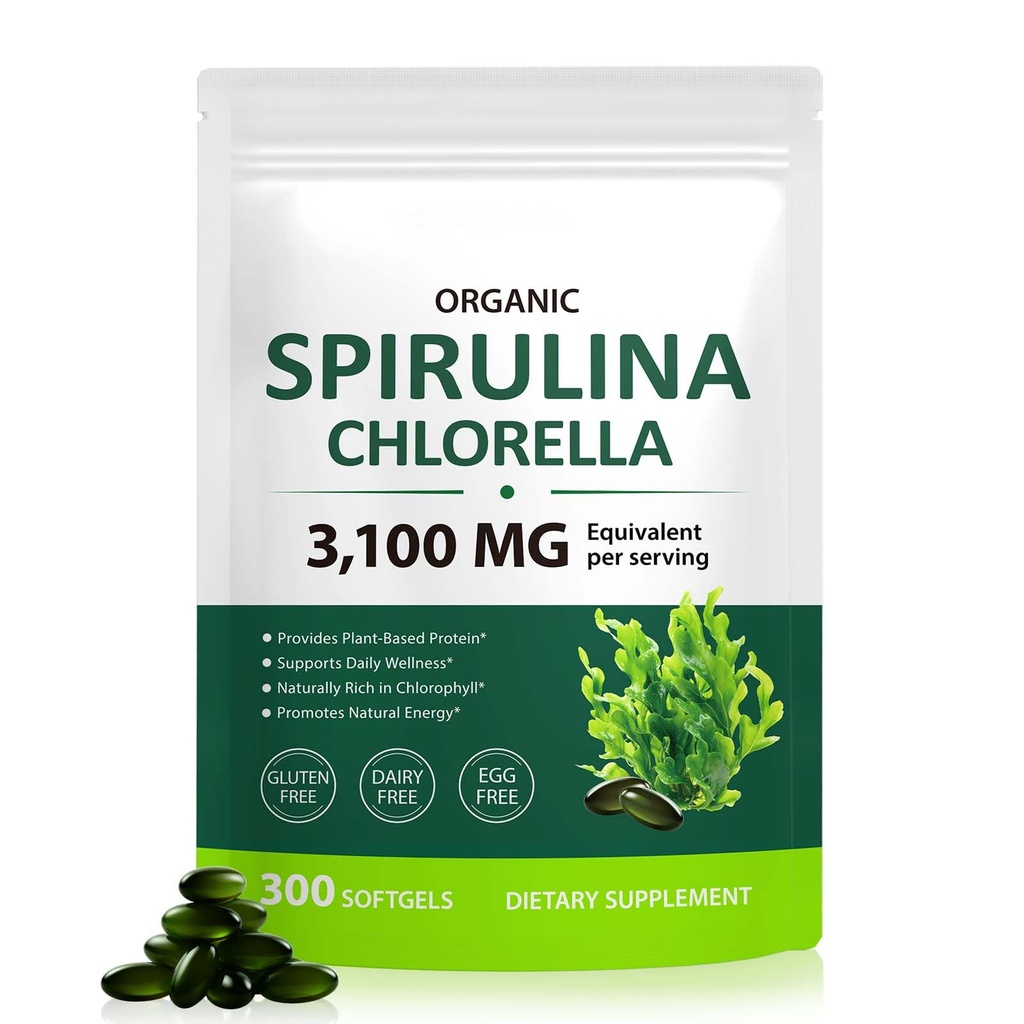 Tiuedu Spiruline Chlorella Softgels 300 Capsules, 17 en 1 Mélange de nutriments verts Spiruline Chlorella Softgels,Rich dans les protéines végétales, Vitamines, Chlorophylle, Facile à prendre Softgel
