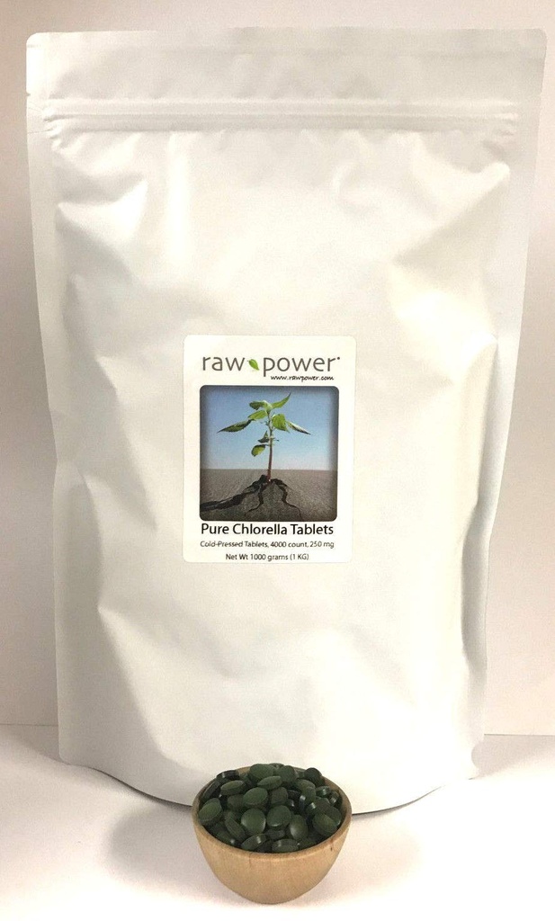 Raw Power Chlorella Tablets, Clean, Pure, ONE Kilo Bag, Bulk, Premium (4000 Tablets, 250mg Each, 1000 Grams Total), Organics Brand