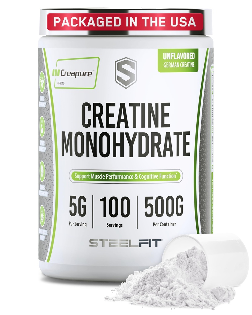 SteelFit Creapure Creatine Poudre monohydratée, non aromatisée - Poudre de créatine micronisée allemande pour hommes et femmes - Gym Workout Suppléments nutritionnels pour le gain musculaire, la santé cérébrale et le renforcement de la force