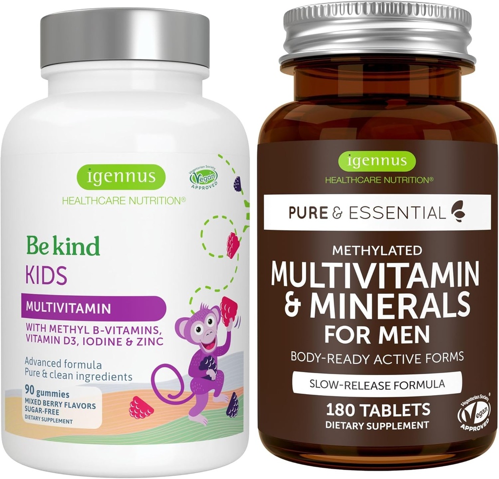 Méthylated Kids Multivitamin Gummy + Multivitamin Bundle pour hommes, compléments MTHFR avec B-Vitamines actives, étiquette propre, par Igennus