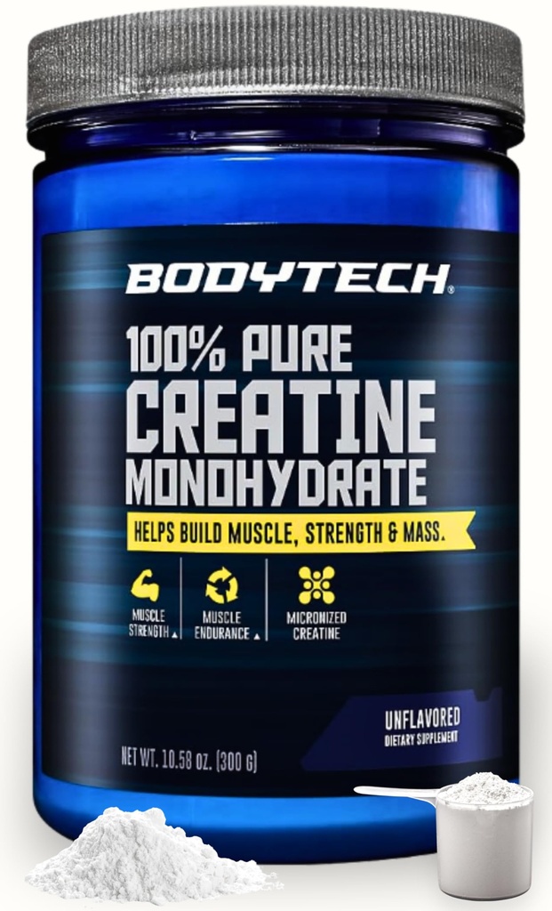 BodyTech poudre monohydratée de créatine, formule micronisée non aromatisée de créatine pour les hommes et les femmes, 5g par portion, pré-entraînement et supplément post-entraînement, sans gluten, sans sucre, 10,58 Oz, 60 portions