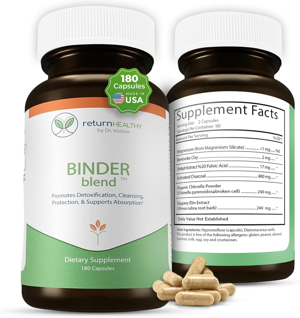 Mélange de Binder - Supplément de Binder à la Toxine, Capsules de désintoxication pour un Gut en santé - 180 Capsules - 90 portions - 960mg Charbon activé et 480mg Chlorelle organique - Bloating Relief - Bentonite Clay