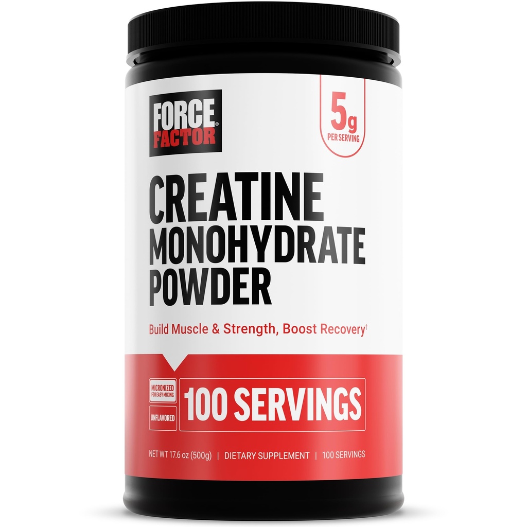 Facteur de force Poudre micronisée monohydratée de la créatine 500G, 5g dose pour soutenir la croissance musculaire, la force, la récupération, la santé cognitive et la mémoire, non aromatisée, 100 portions, 17,6 Oz