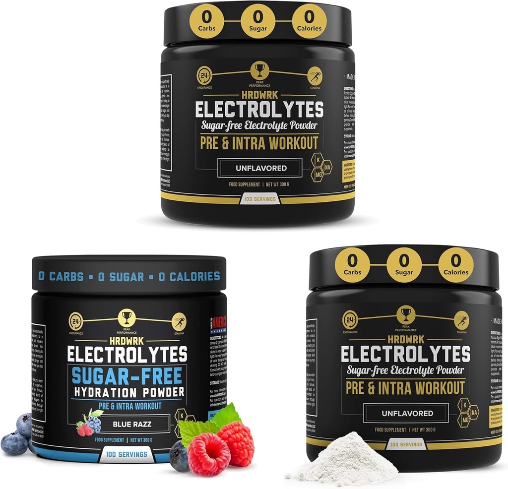 HRDWRK - 100 portions Kéto Electrolytes Poudre d'hydratation sans sucre - Poudre d'électrolyte pour stimuler l'endurance et réduire la fatigue avec supplément d'électrolytes (ensemble non aromatisé de 2 et Razz bleu)