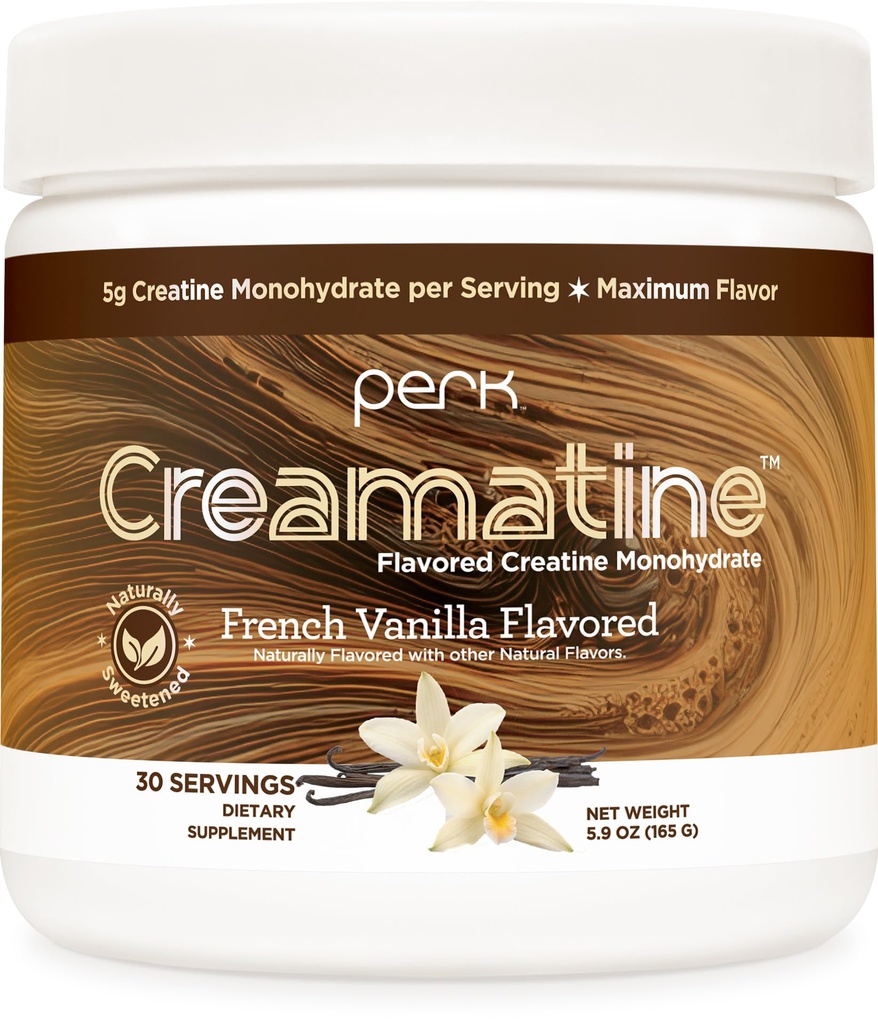 Perk Creamatine (French Vanilla) 30 Servings - Flavored Creatine Monohydrate, 5g of Creatine per Serving, Naturally Sweetened, Zero Sugar, Gluten-Free, Soy-Free